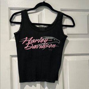 VINTAGE. 3D Emblem Harley-Davidson Black Pink Lace Trim Tank. Size Medium.